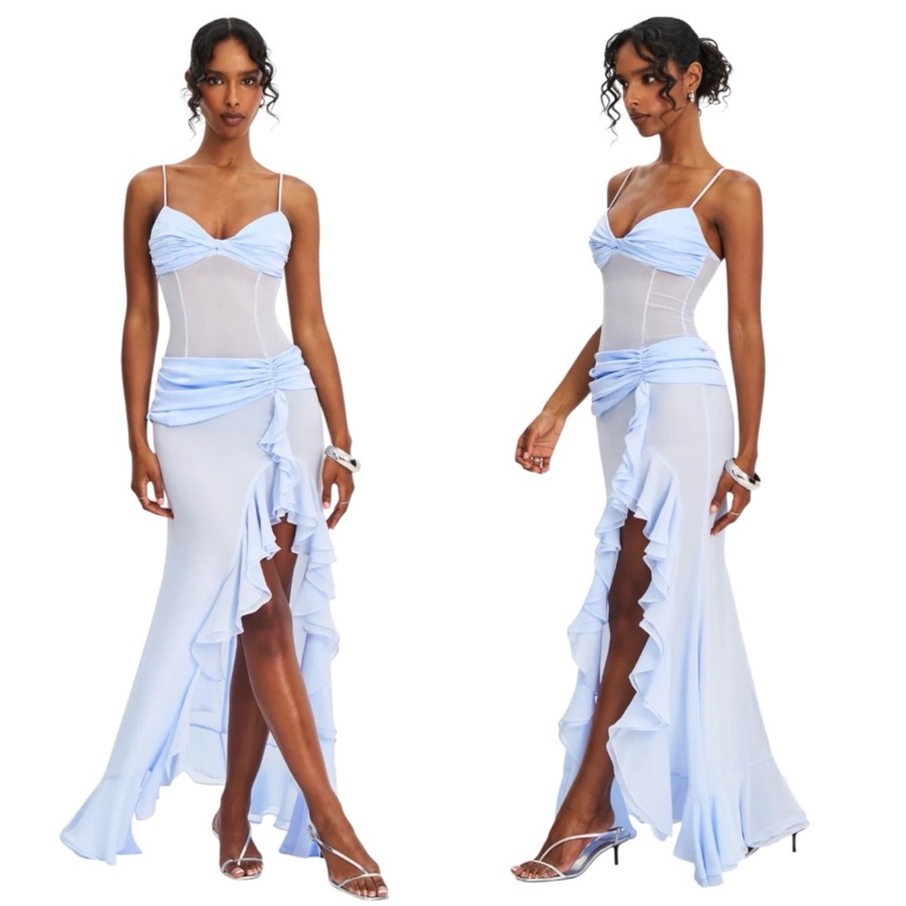 Miss Circle Lacy Blue Ruched High Slit Chiffon Dress
